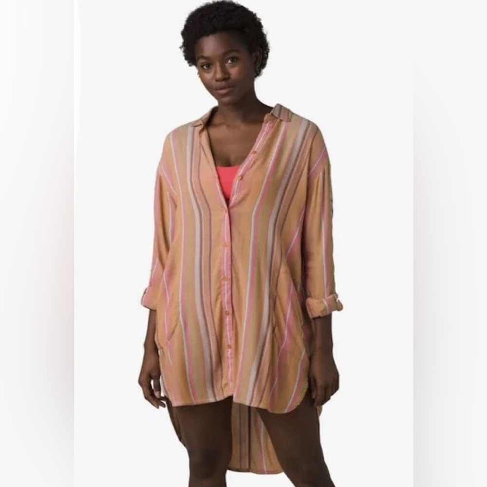 PrAna Womens SzMedium Orange Striped High Low Button Front Shirt Beach Coverup - Picture 2 of 9